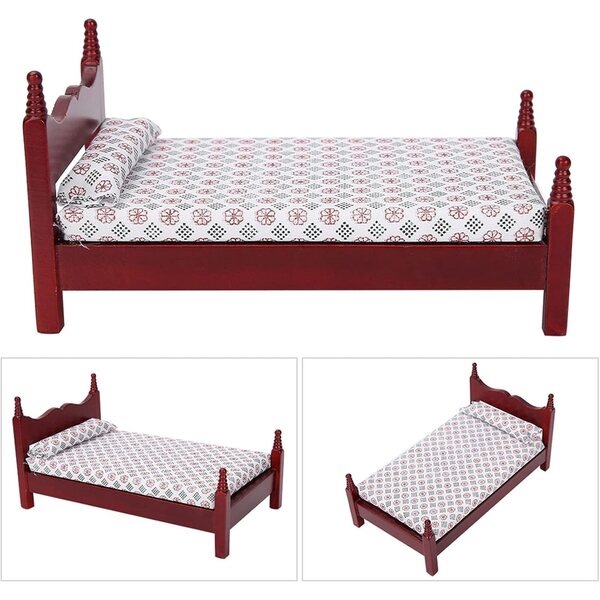 EMUKOEP Mini Letto Singolo in Legno per Bambole 1:12 con Materasso e Cuscini