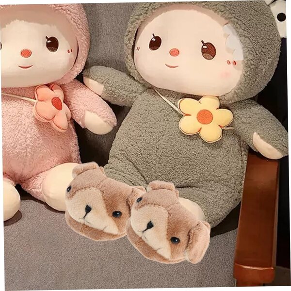 Plüschhausschuhe mit Tiermotiv für 18-cm-Puppen – hellbraune Winterschuhe