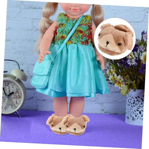 Plüschhausschuhe mit Tiermotiv für 18-cm-Puppen – hellbraune Winterschuhe