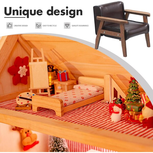 Mini Poltrona in Legno e Pelle Nera per Case delle Bambole, Realistica e Resistente