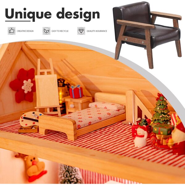 Mini-Sessel aus Holz und Leder für DIY-Dekorationen 6,7 x 6,5 x 6,1 cm – Schwarz