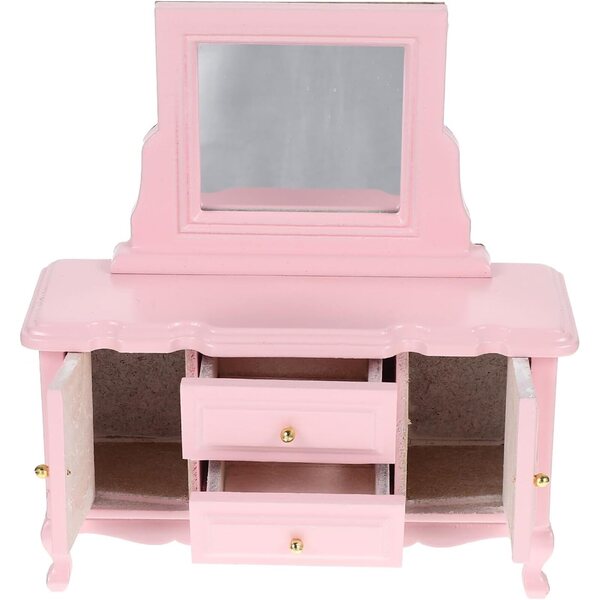 Mini Cassettiera Rosa con Specchio in Betulla per Casa delle Bambole SOPOTUTU