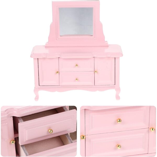 Mini Cassettiera Rosa con Specchio in Betulla per Casa delle Bambole SOPOTUTU