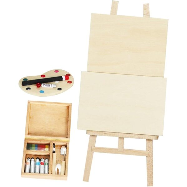 ifundom Mini-Staffelei aus Holz mit Tisch, Palette und Pigmenten für das Puppenhaus