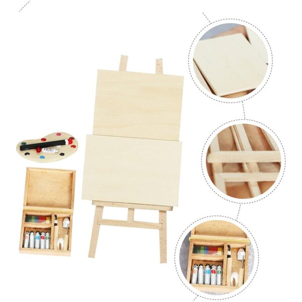 ifundom Mini-Staffelei aus Holz mit Tisch, Palette und Pigmenten für das Puppenhaus