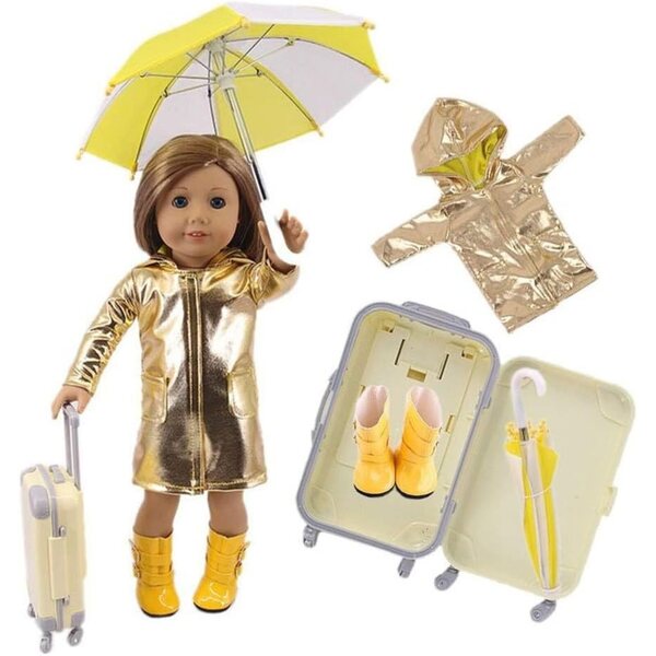 Regenmantel- und Kofferset für 46-cm-Puppe mit Regenschirm und 4-teiligen Stiefeletten