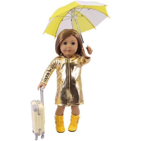 Regenmantel- und Kofferset für 46-cm-Puppe mit Regenschirm und 4-teiligen Stiefeletten