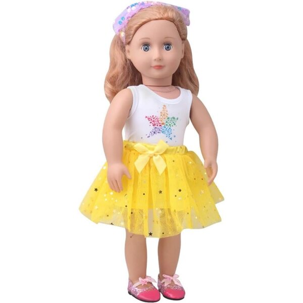 Kleid für amerikanische Puppe 46 cm – Ärmelloses Oberteil mit Sternen und Spitzenrock