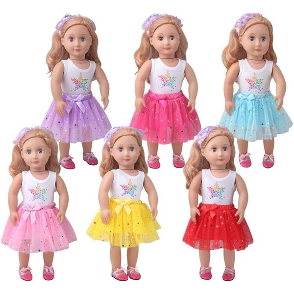 Kleid für amerikanische Puppe 46 cm – Ärmelloses Oberteil mit Sternen und Spitzenrock