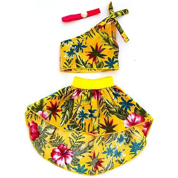 Kleid für 46 cm große amerikanische Puppe mit Pflanzendruck und schulterfreiem Oberteil