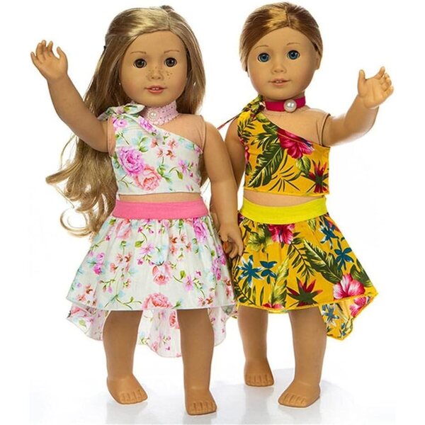 Kleid für 46 cm große amerikanische Puppe mit Pflanzendruck und schulterfreiem Oberteil