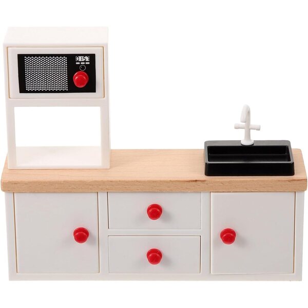 Mobiletto da cucina in legno bianco per casa delle bambole, arredo miniatura 13.5x11x3.5 cm