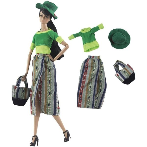 Kleidung für 29-cm-Puppen – komplettes T-Shirt, Rock, Hut und Tasche