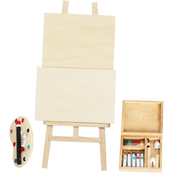 Mini cavalletto in legno con tavolo, pallet e pigmenti per casa delle bambole