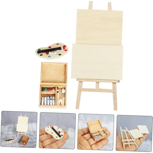Mini cavalletto in legno con tavolo, pallet e pigmenti per casa delle bambole