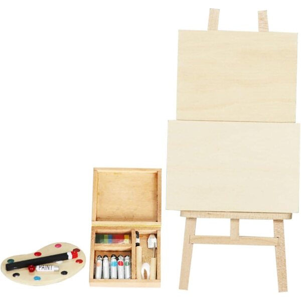 Mini cavalletto in legno con tavolo, pallet e pigmenti per casa delle bambole