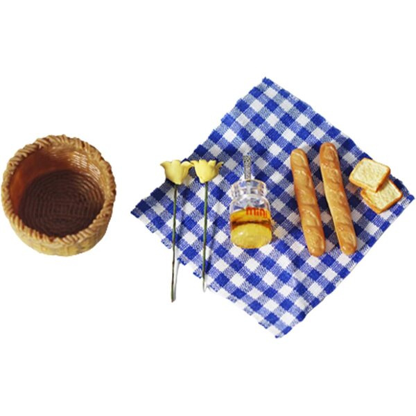 Puppenhaus-Miniatur-Essensset 1:6 1:12 – Brot, Honig, blauer Picknickstoff