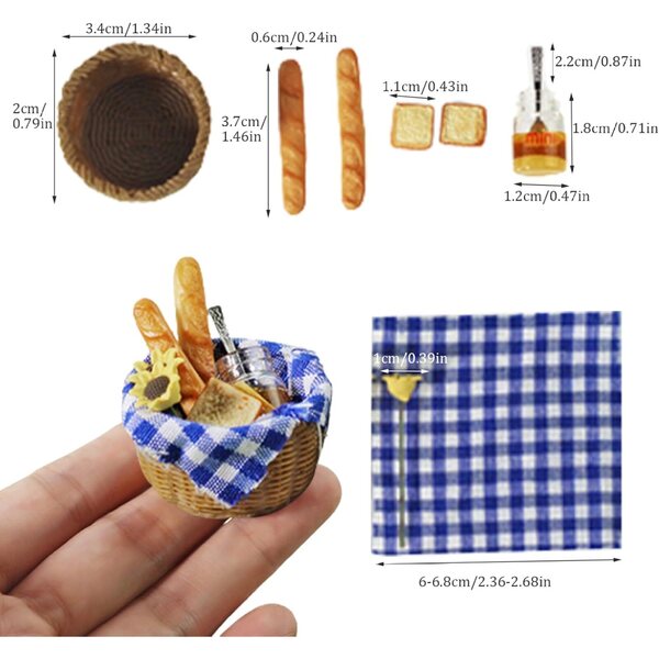 Puppenhaus-Miniatur-Essensset 1:6 1:12 – Brot, Honig, blauer Picknickstoff