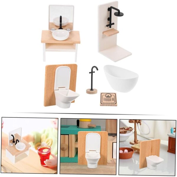1:12 Miniatur-Badezimmermöbel-Set aus Holz und Kunststoff, Puppenhauszubehör