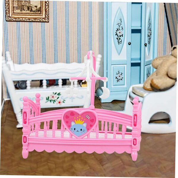 Mini Letto per Bambole in ABS Rosa con Accessori Decorativi e Fai da Te