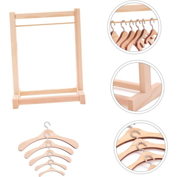 ORFOFE Set 5 Appendiabiti in Legno per Bambole 20 cm, Grucce per Organizzare Abiti Bambole Piccole