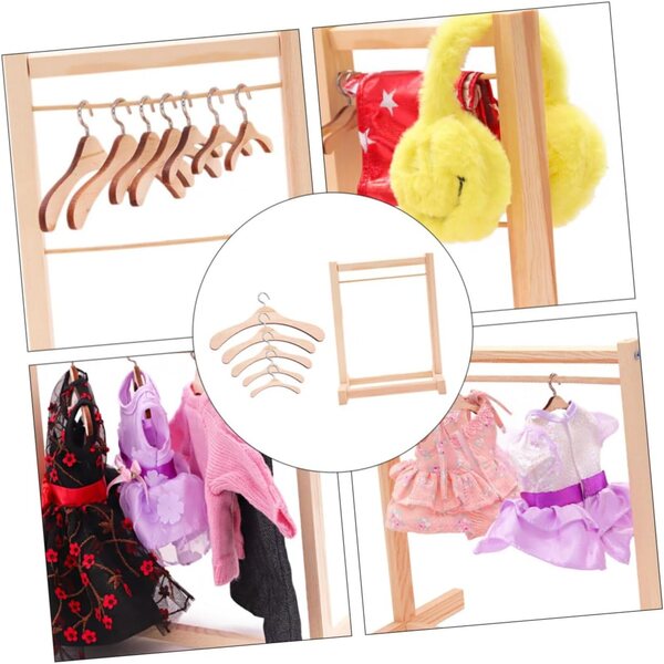 ORFOFE Set 5 Appendiabiti in Legno per Bambole 20 cm, Grucce per Organizzare Abiti Bambole Piccole