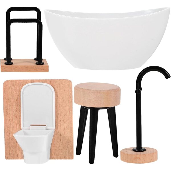 Set 5 Accessori Bagno in Legno e Plastica per Casa delle Bambole in Miniatura 1:12
