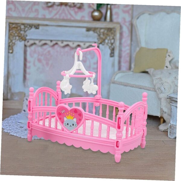 Letto per Bambole Miniatura Rosa Ergonomico con Decorazioni - Mobili per Casa delle Bambole