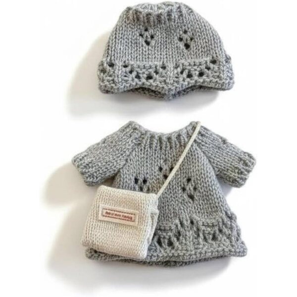 Abito e Cappellino Tricotati per Bambola 20 cm - Design Traforato, Grigio Fumé