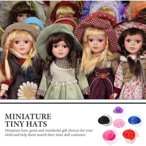 Set mit 6 dekorativen Mini-Chapeaus aus mehrfarbigem Stoff für Puppen und kreatives Heimwerken