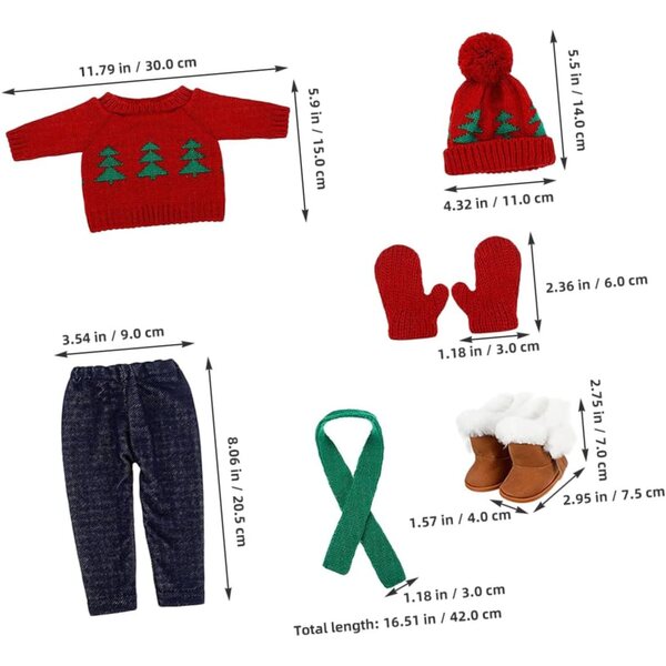 KOMBIUDA Weihnachtskleidungsset für Puppe mit Baumwollpullover, Schal und Mütze