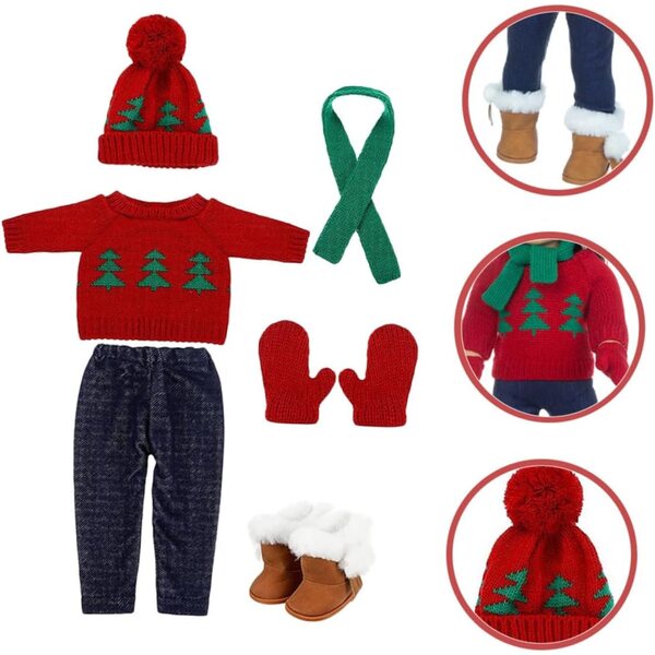 KOMBIUDA Weihnachtskleidungsset für Puppe mit Baumwollpullover, Schal und Mütze