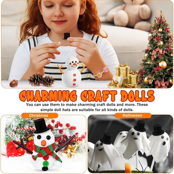 Set 15 Mini Cappelli a Cilindro Neri in Resina e Floccati per Decorazioni e Bambole