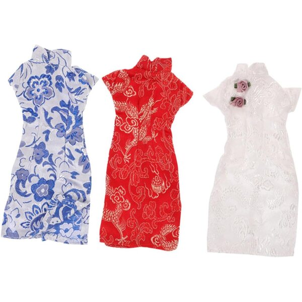 Set 3 Abiti Cheongsam per Bambole in Tessuto Riutilizzabile, Stile Cinese Tradizionale