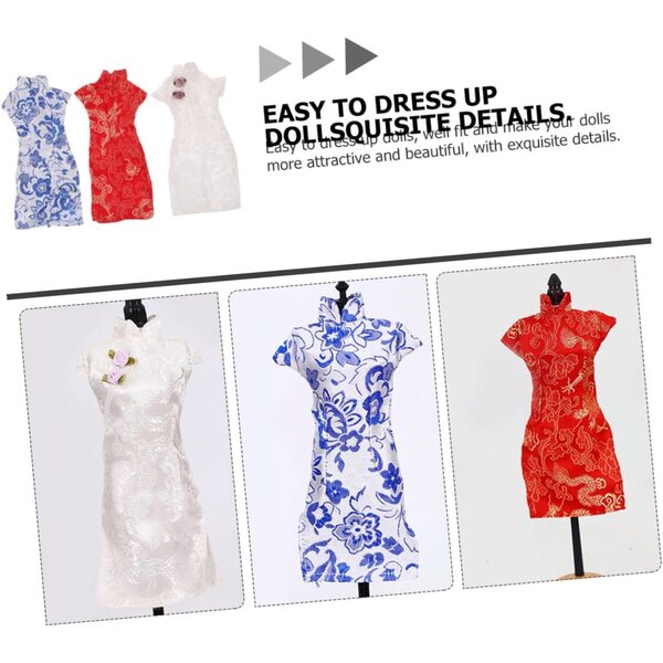 Set 3 Abiti Cheongsam per Bambole in Tessuto Riutilizzabile, Stile Cinese Tradizionale
