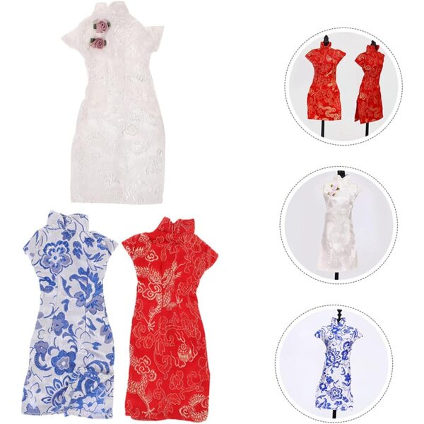 Set 3 Abiti Cheongsam per Bambole in Tessuto Riutilizzabile, Stile Cinese Tradizionale