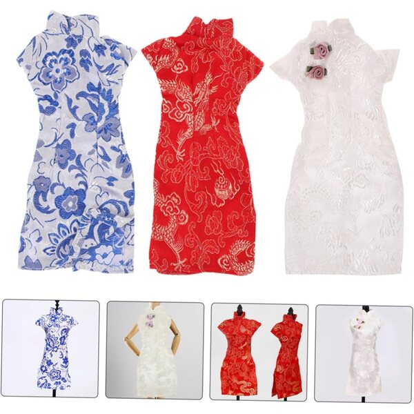 Set 3 Abiti Cheongsam per Bambole in Tessuto Riutilizzabile, Stile Cinese Tradizionale