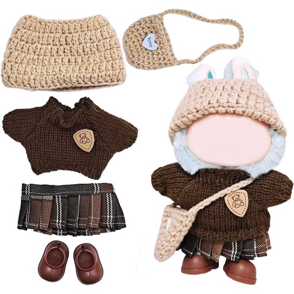 Tenuta per bambola Labubu 15-17 cm con maglione, gonna, cappello, scarpe e borsa