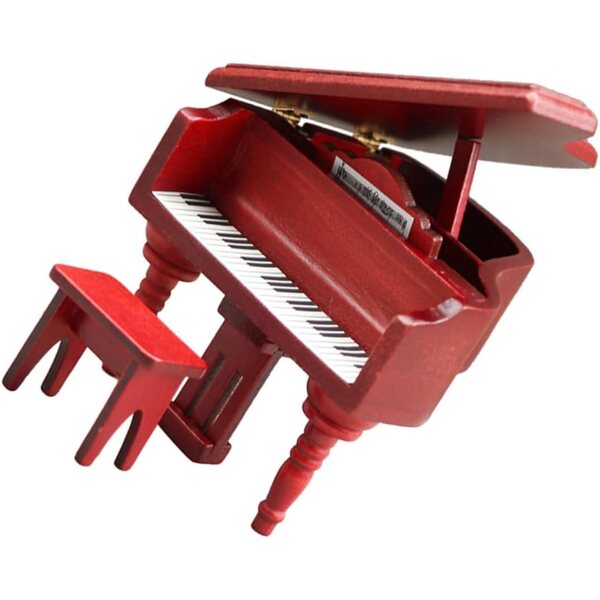 Set 2 Mini Pianoforti in Legno per Case delle Bambole con Sgabello Rosso