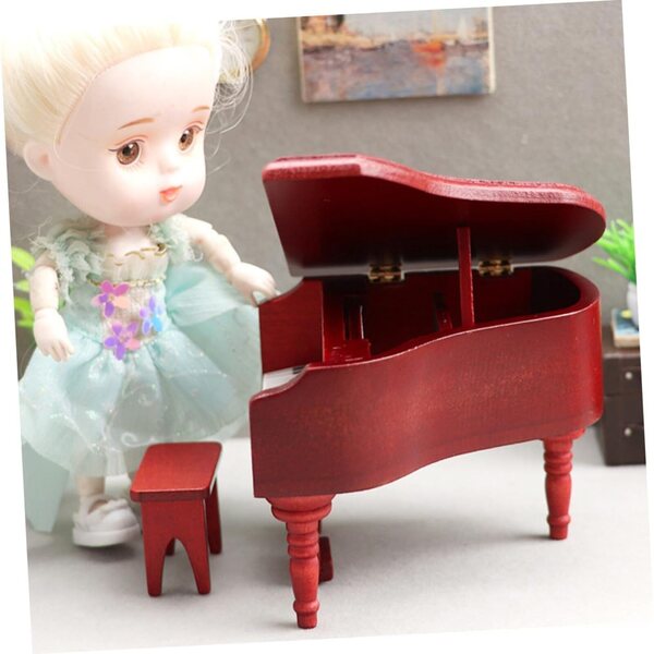 Set 2 Mini Pianoforti in Legno per Case delle Bambole con Sgabello Rosso