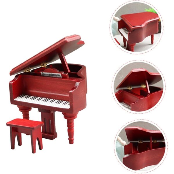 Set 2 Mini Pianoforti in Legno per Case delle Bambole con Sgabello Rosso