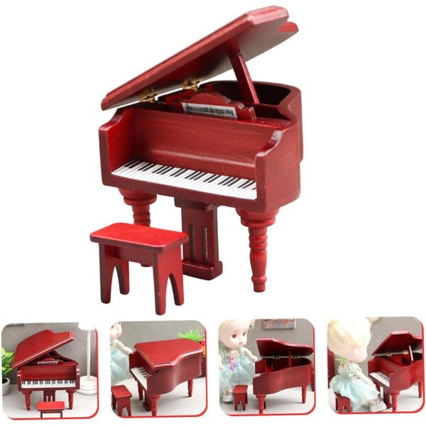 Set 2 Mini Pianoforti in Legno per Case delle Bambole con Sgabello Rosso
