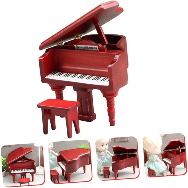 Mini-Klavier mit rotem Holzhocker für Puppenhaus 8,9 cm