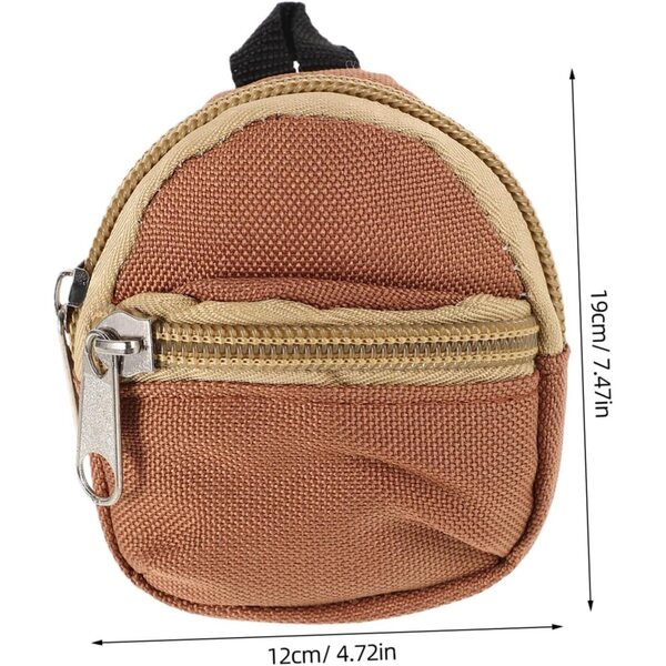 Mini zaino marrone chiaro per bambole, leggero e compatto con zip, accessorio gioco