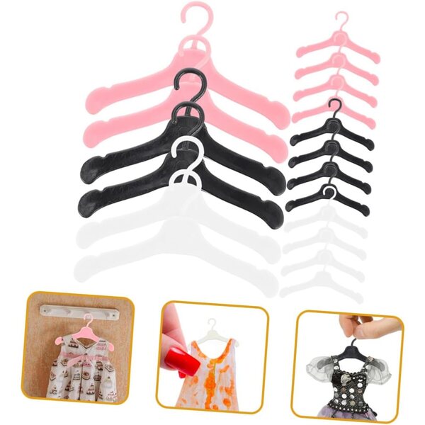 60 Mini Cintre in Plastica per Bambole Nero, Bianco e Rosa, 5,5x3 cm - WEKAMOS