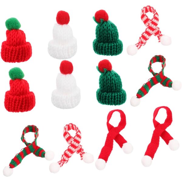 Set 12 Mini Bonnet e Sciarpe Natalizie in Lana per Decorazioni e Progetti DIY