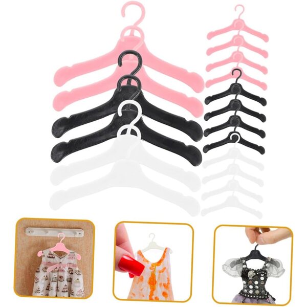 Set 60 Mini Cintres in Plastica per bamboles Neri, Bianchi e Rosa, Accessori Organizzazione