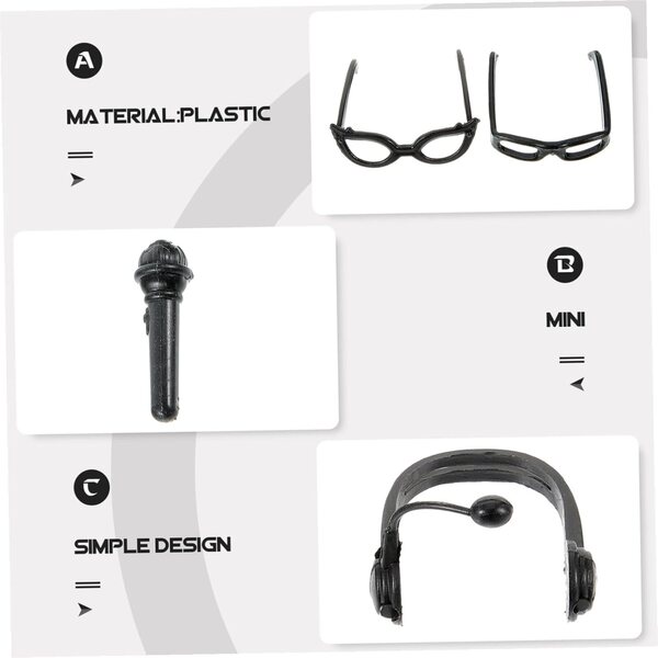 Set 4 Accessori Mini per bambole: Cuffie, Microfono e 2 Paia di Occhiali Neri