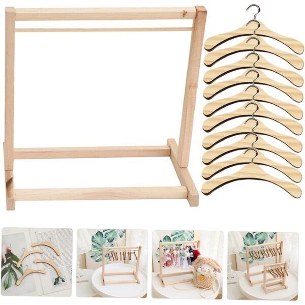 Portant und 10 Cintres Miniaturen Beige aus Holz und Metall für Puppen 30x30x18 cm