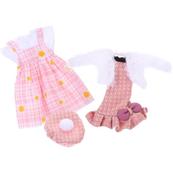 Abiti per bambole con vestito elegante, gonna compatta e cappello rosa riutilizzabile